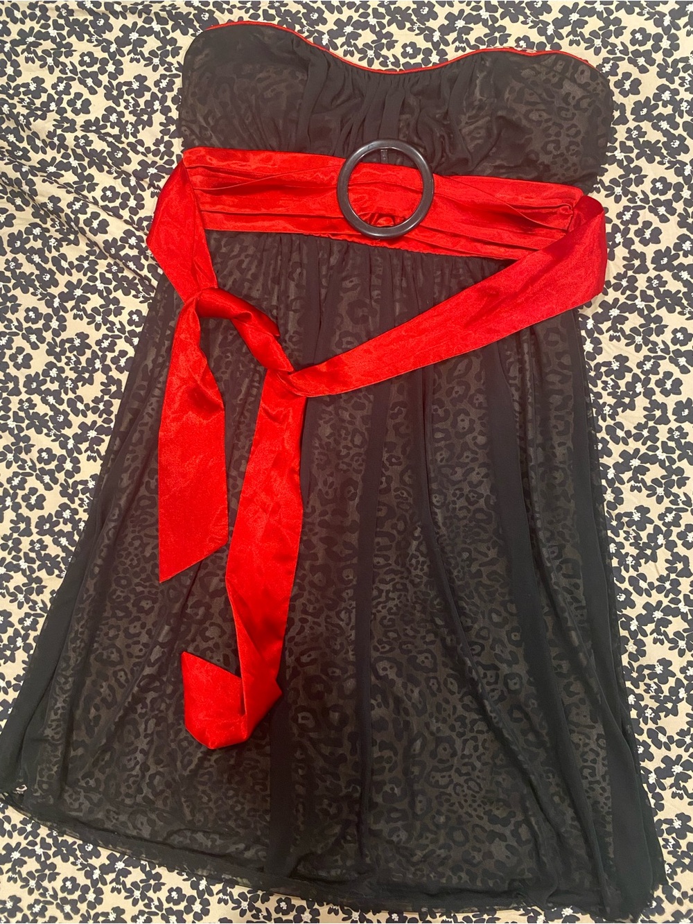 Strapless Black Dress with Red Sash
